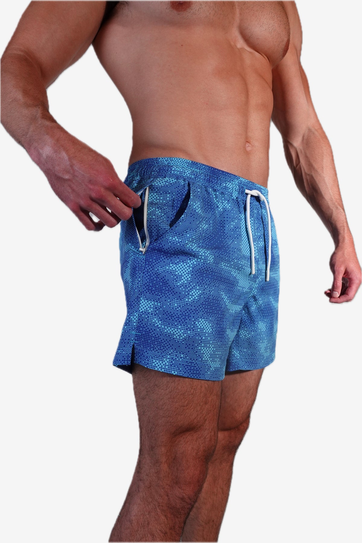 5 inch - Blue Camo Digital Pattern Swim Trunks hip zipper pocket