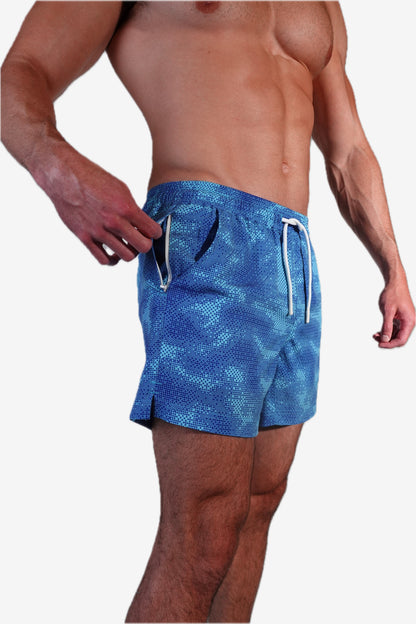 5 inch - Blue Camo Digital Pattern Swim Trunks hip zipper pocket