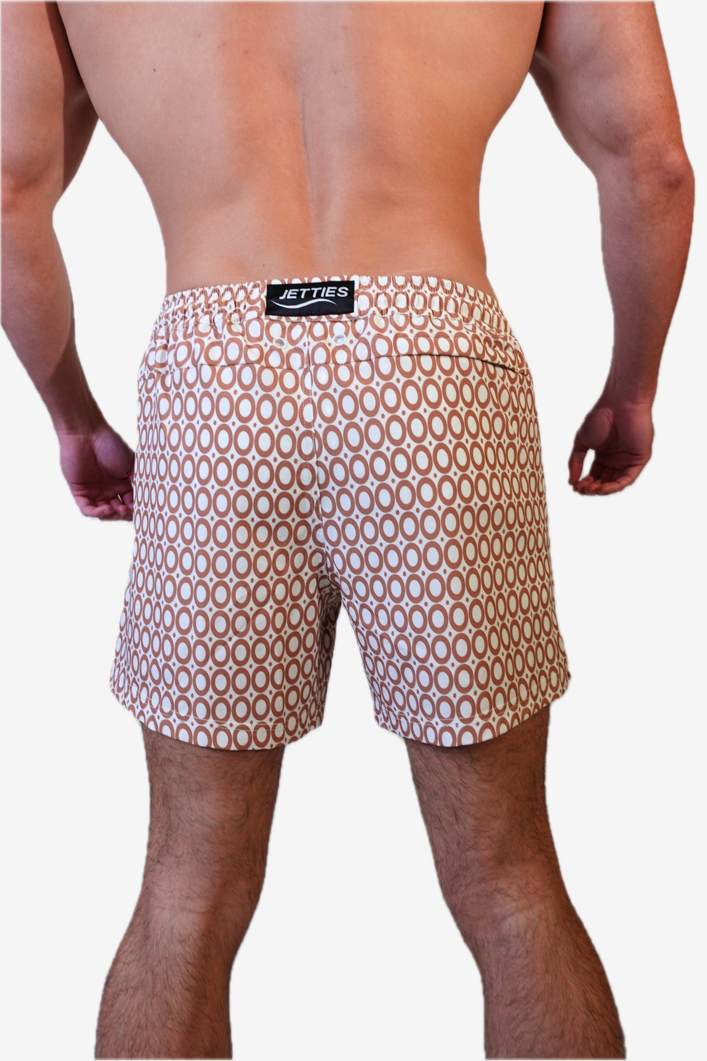 5 inch - caramel brown and white circles geometric pattern mens bathing suit, back view