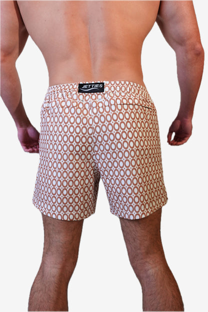 5 inch - caramel brown and white circles geometric pattern mens bathing suit, back view