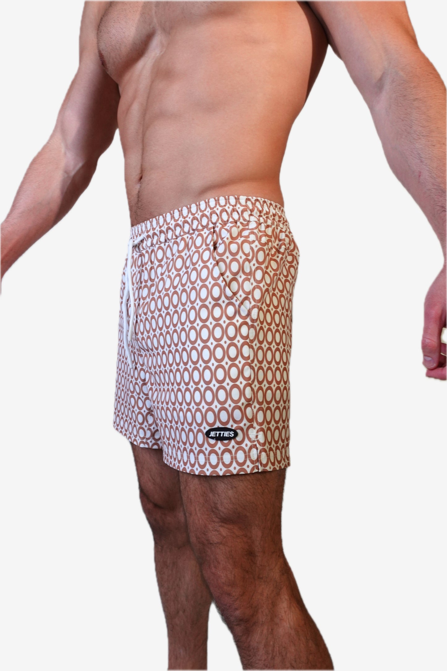 5 inch - caramel brown and white circles geometric pattern mens bathing suit, side view
