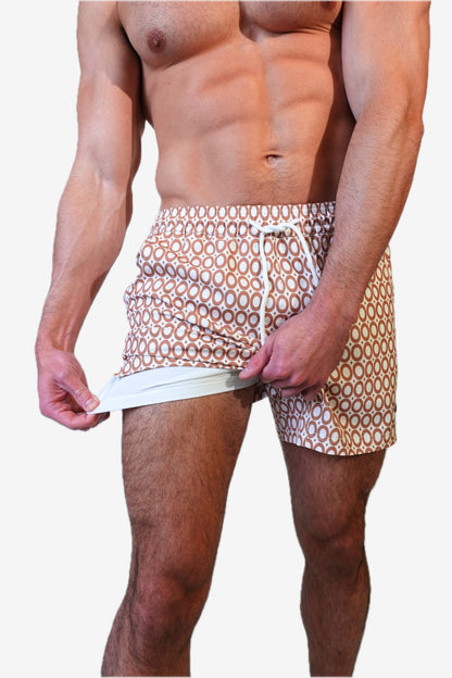 5 inch - caramel brown and white circles geometric pattern mens bathing suit, liner view