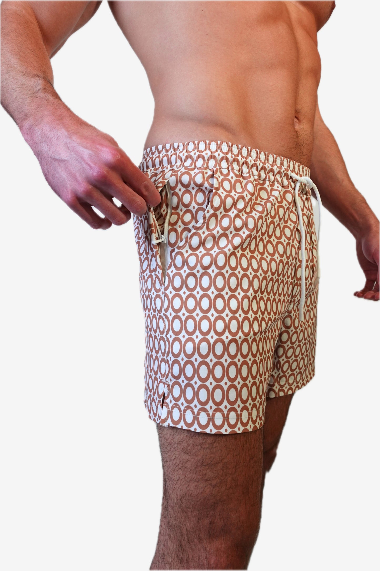 5 inch - caramel brown and white circles geometric pattern mens bathing suit, hip zipper pocket