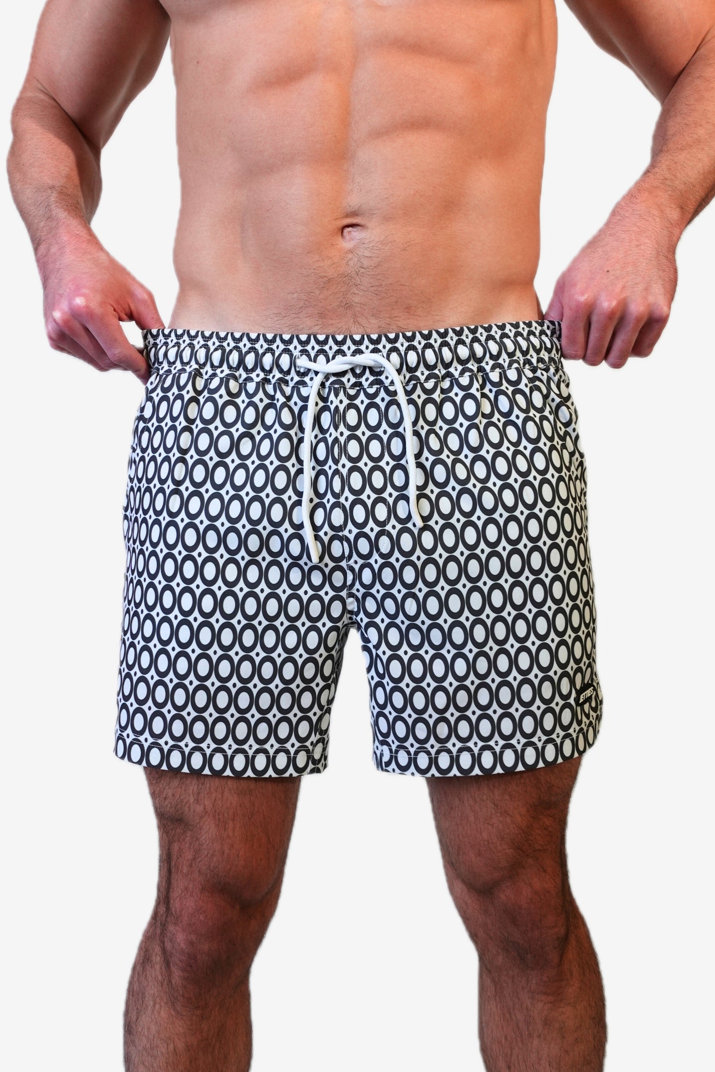 5 inch - black and white circles geometric pattern mens bathing suit, front view