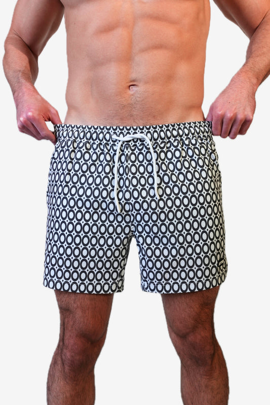 5 inch - black and white circles geometric pattern mens bathing suit, front view