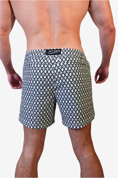 5 inch - black and white circles geometric pattern mens bathing suit, back view