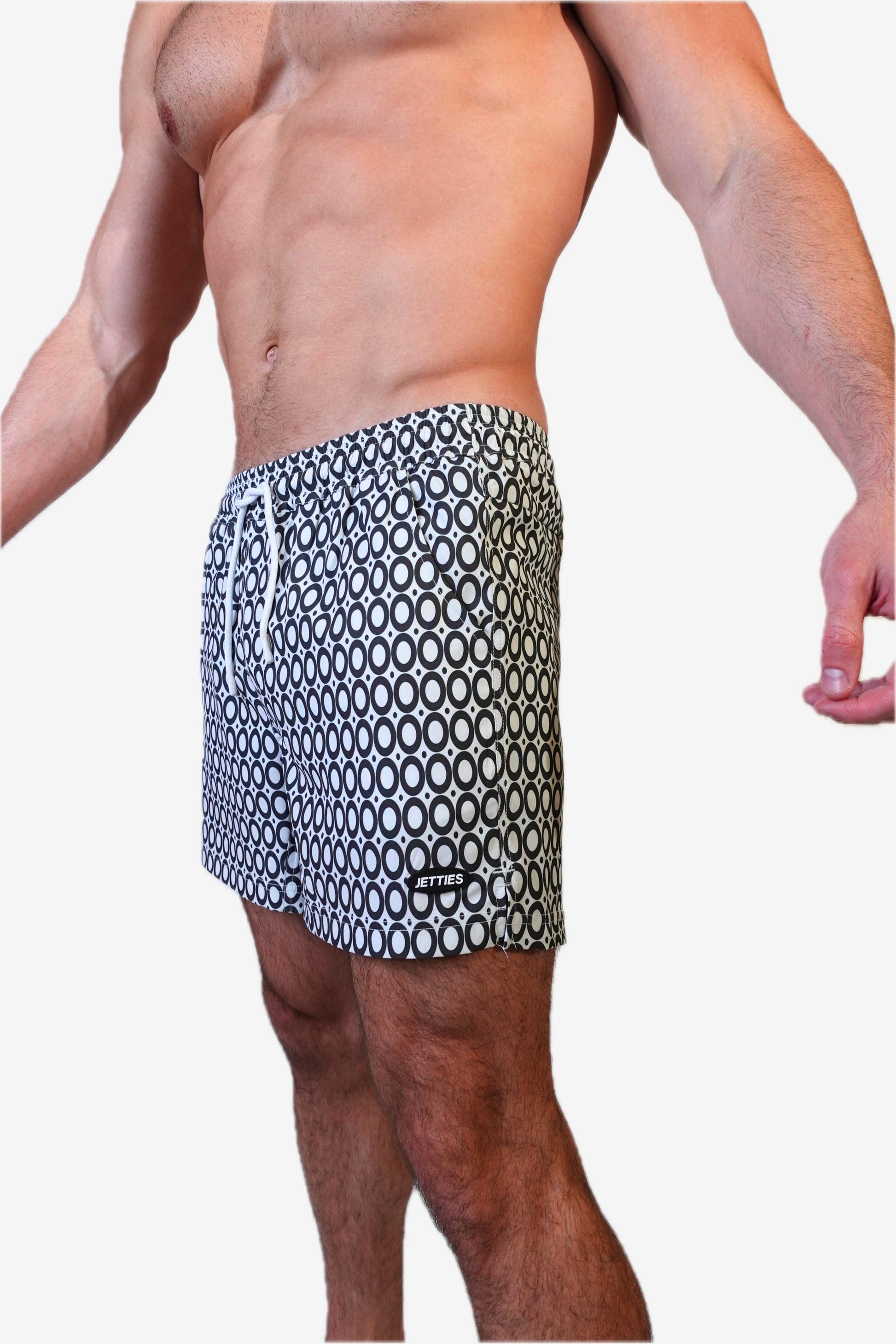 5 inch - black and white circles geometric pattern mens bathing suit, side logo view