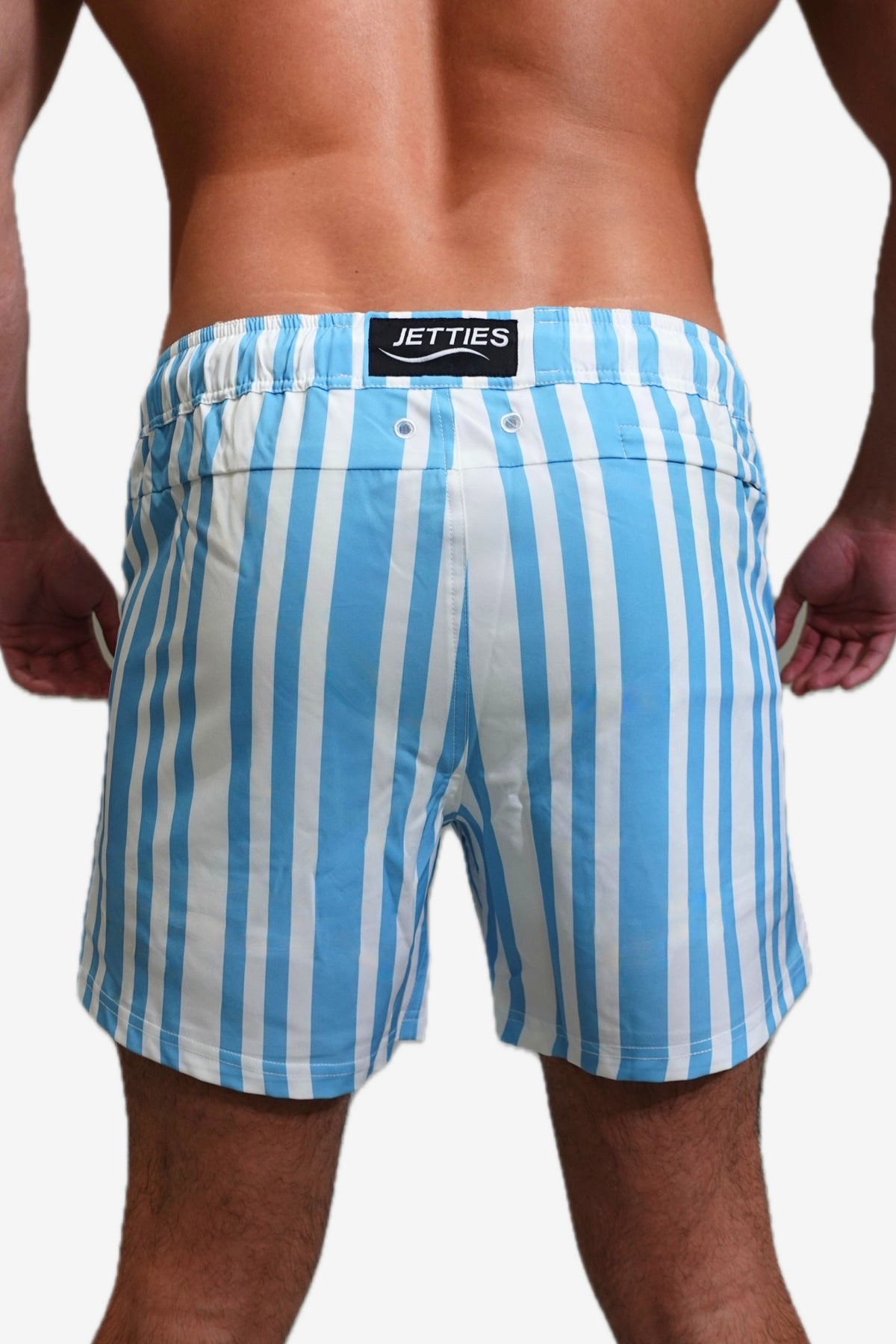 5 inch - Code Blue light blue and white striped Swim Short back view