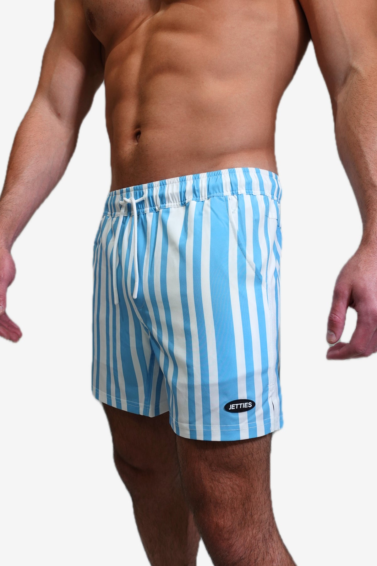5 inch - Code Blue light blue and white striped Swim Short side logo view