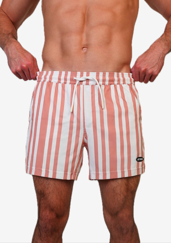5 inch - Code coral pink and white striped Swim Short front view