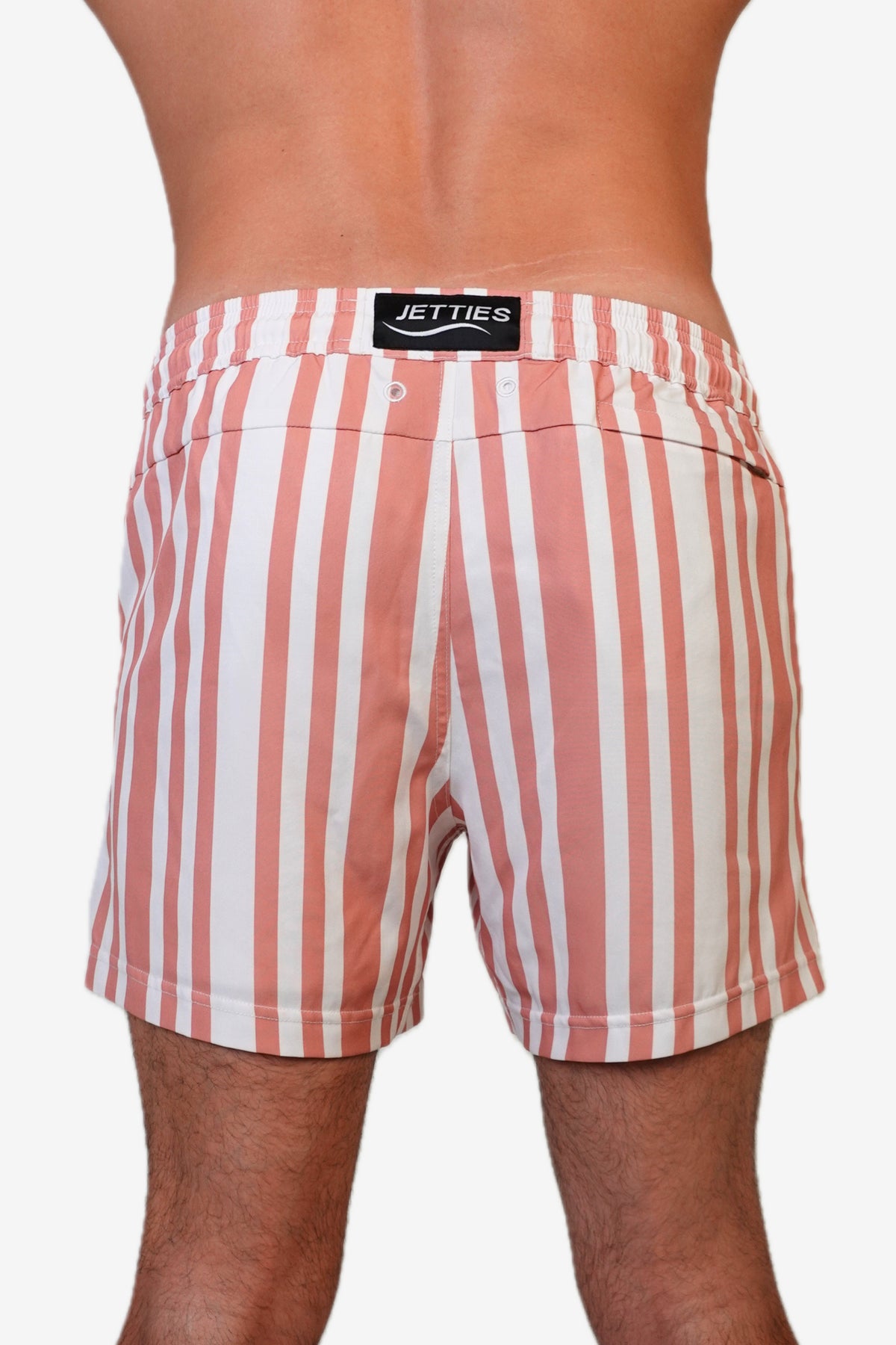 5 inch - Code coral pink and white striped Swim Short back view