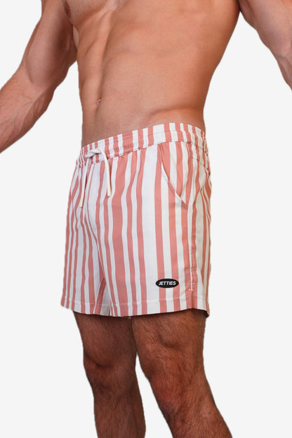 5 inch - Code coral pink and white striped Swim Short side logo view