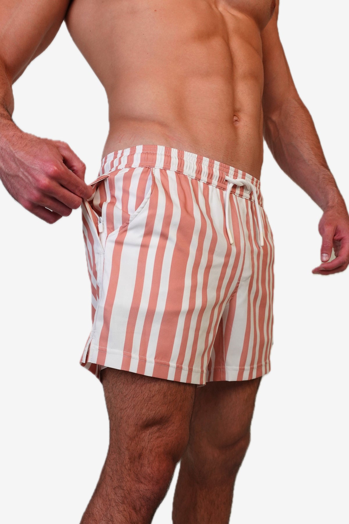 5 inch - Code coral pink and white striped Swim Short hip zipper pocket View