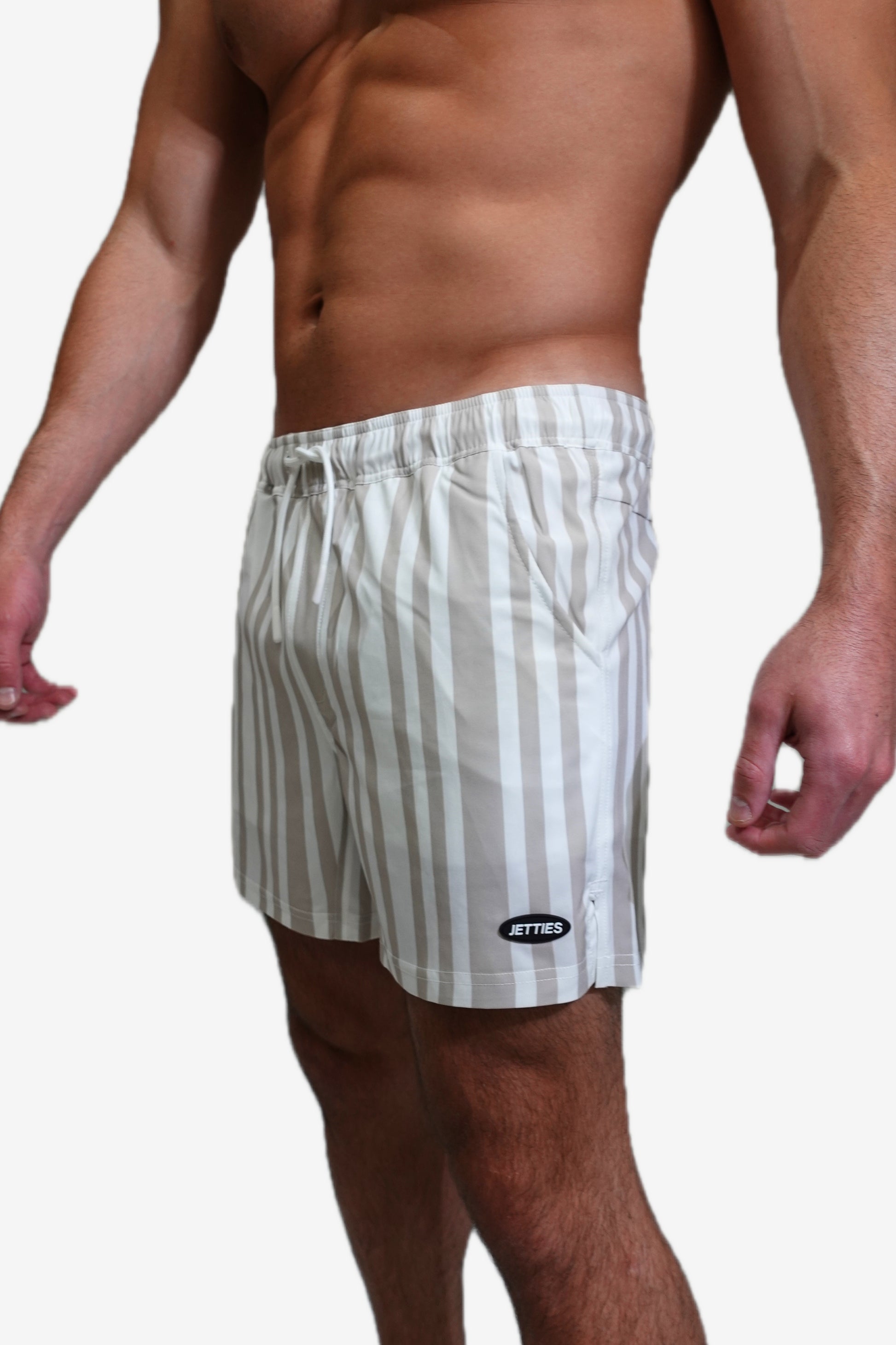 5 inch - Code Gray Beige Gray and white striped Swim Short side logo view