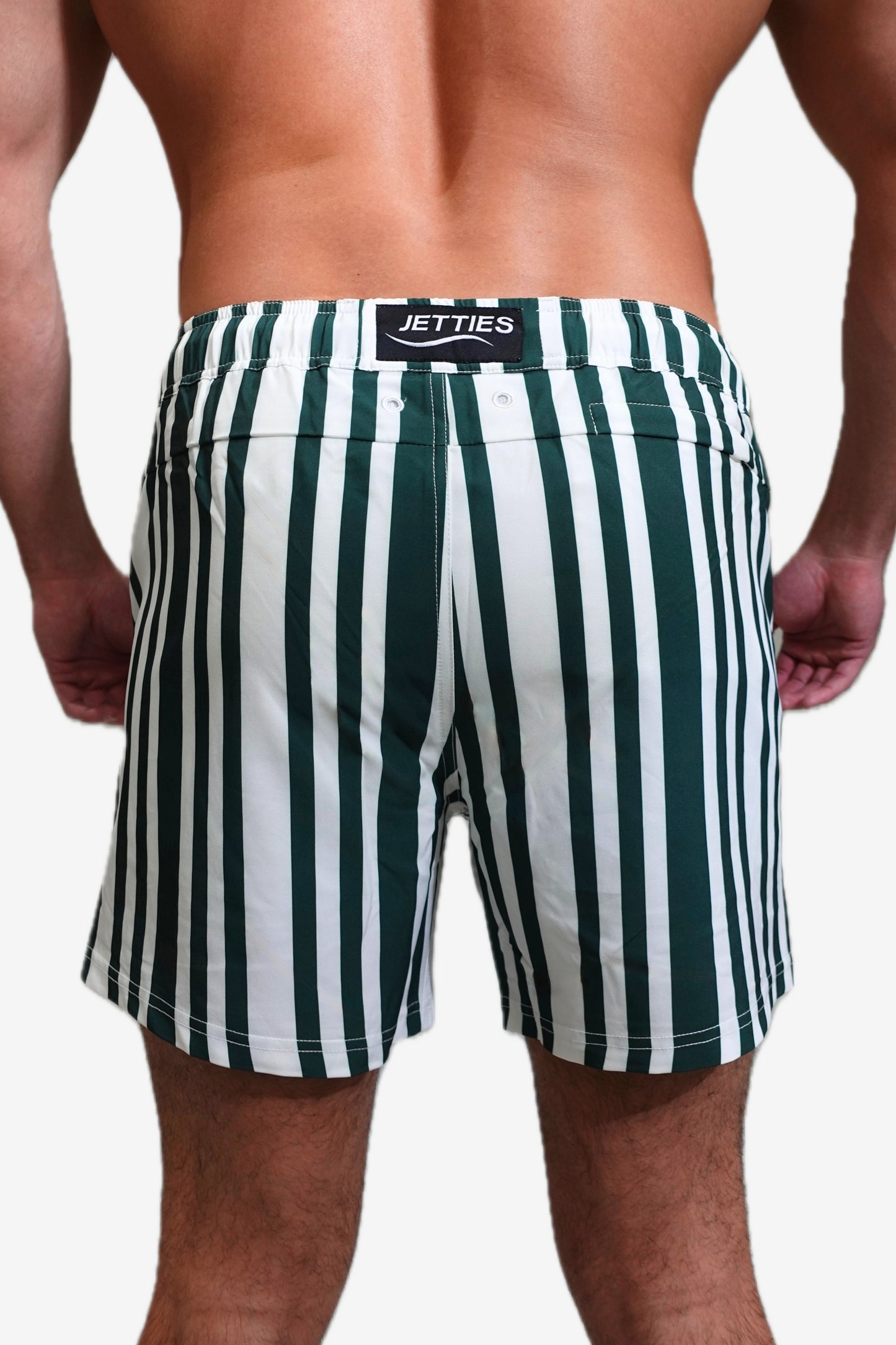 5 inch - Code Green Green and white striped Swim Short back view