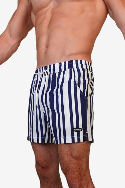 5 inch - Code Indigo navy and white striped Swim Short side logo view