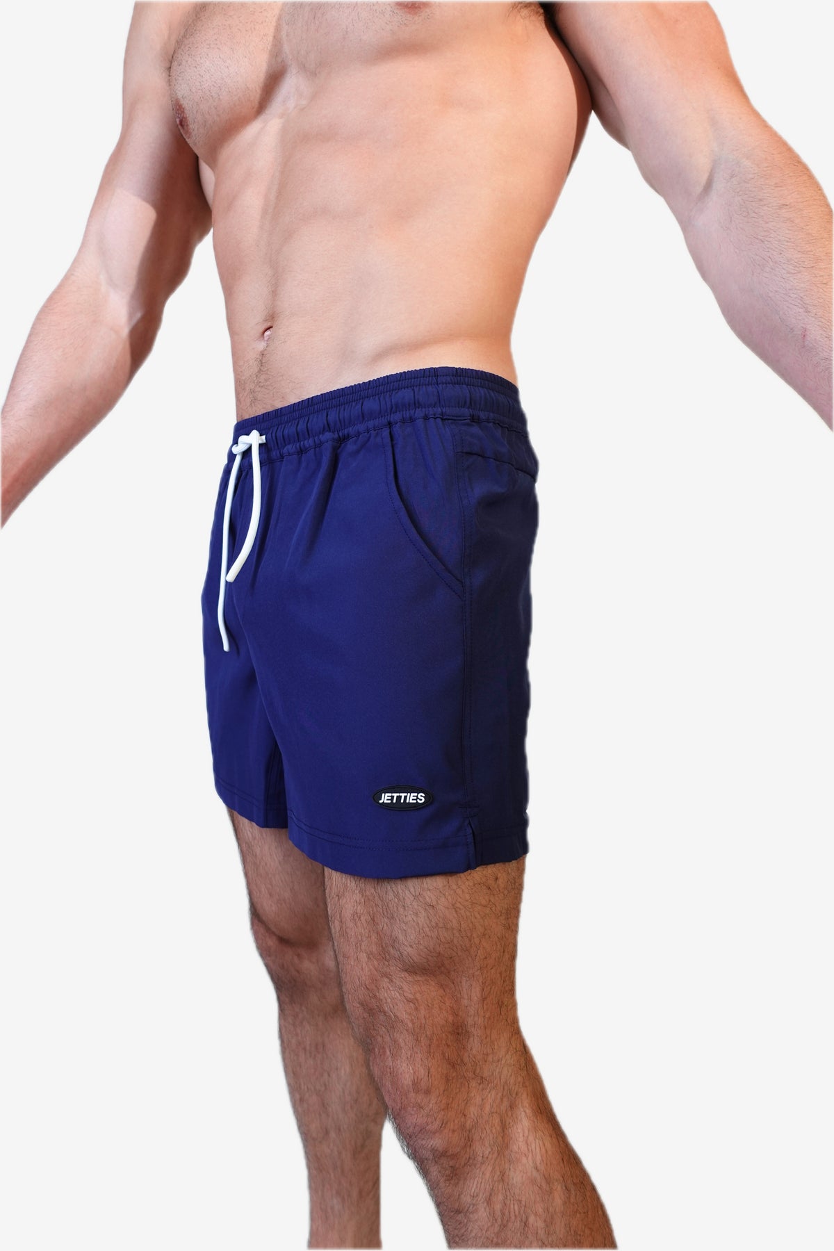 5 inch - Solid Navy Swim Trunks side logo View