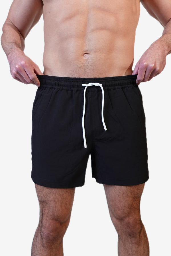 5 inch - Solid Black Swim Trunks Back View