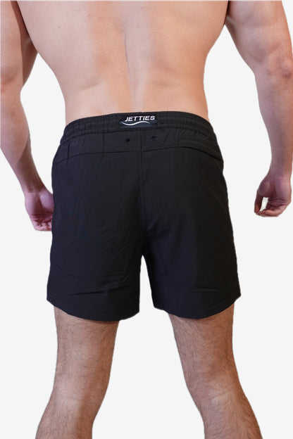 5 inch - Solid Black Swim Trunks Back View