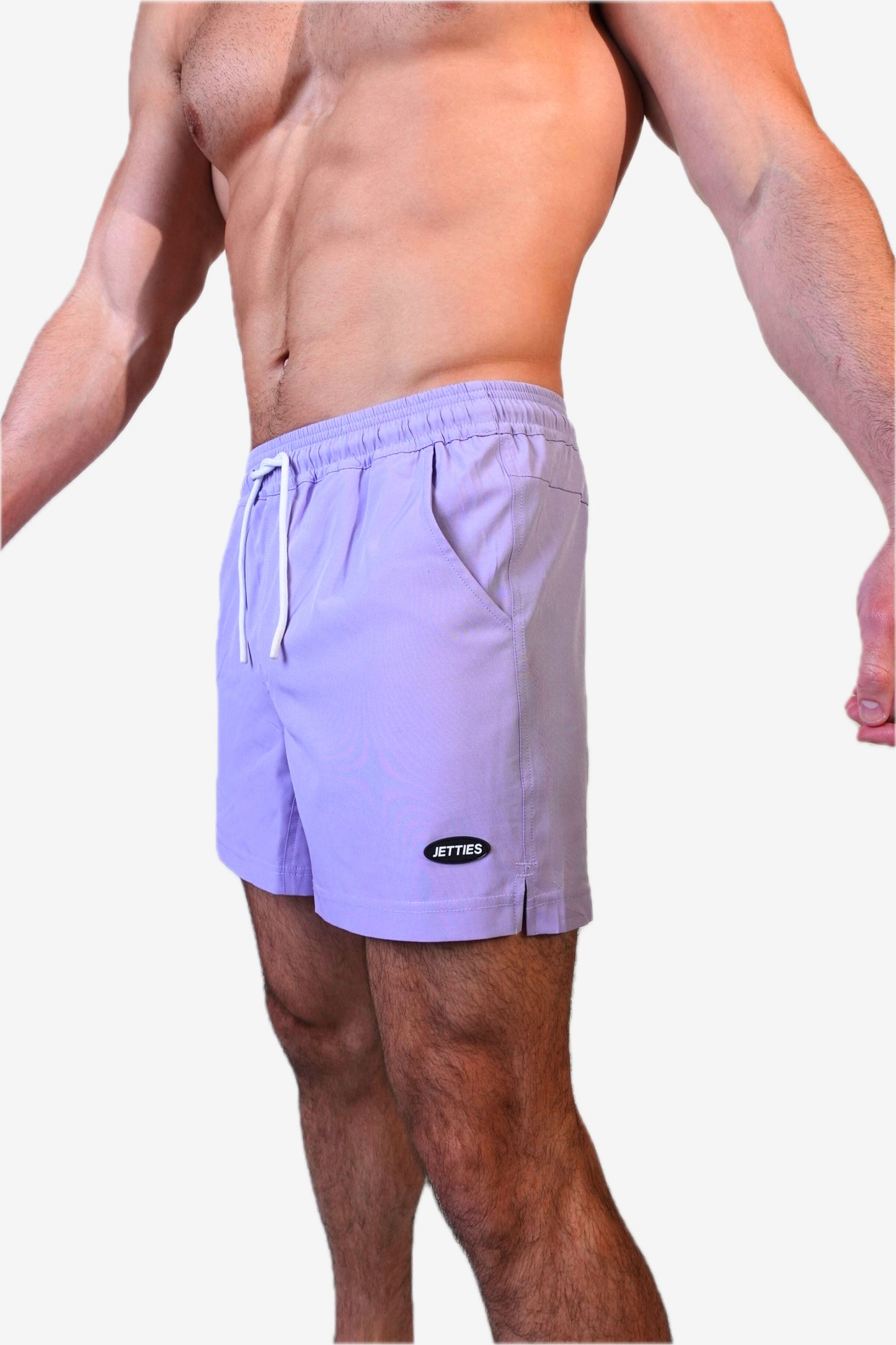 5 inch - Solid Lavender Swim Trunks Side Logo View