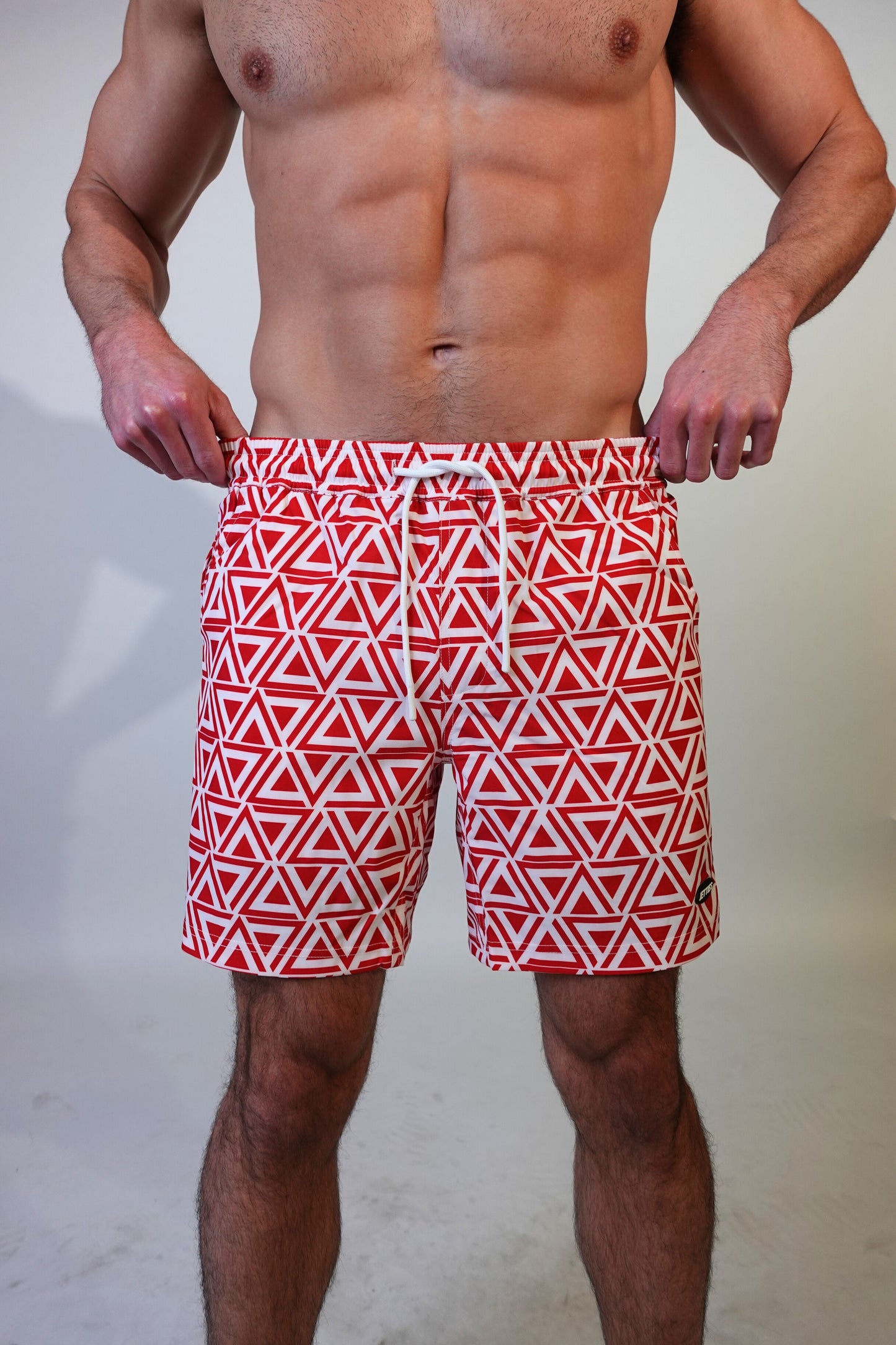 7 inch - Delta Pattern - Red - Swim Short Front View