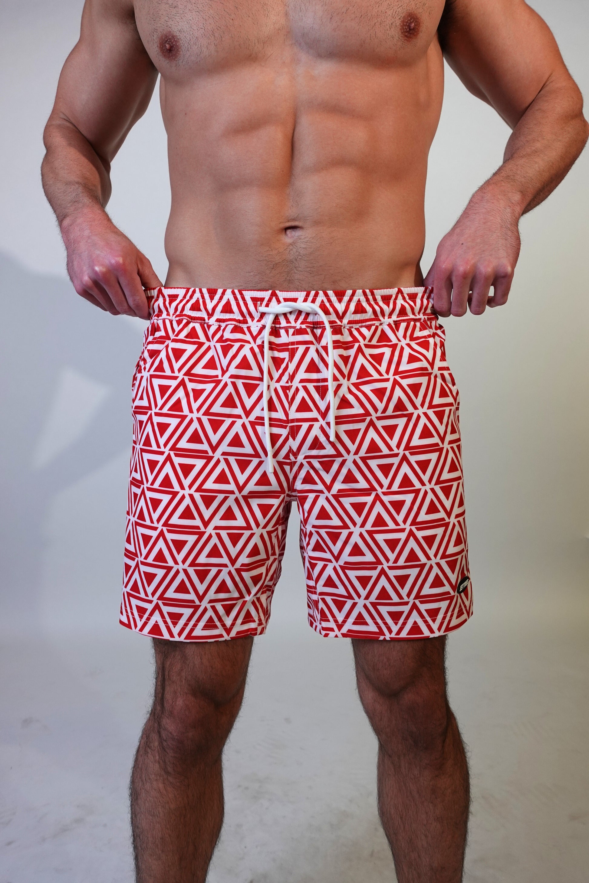 7 inch - Delta Pattern - Red - Swim Short Front View